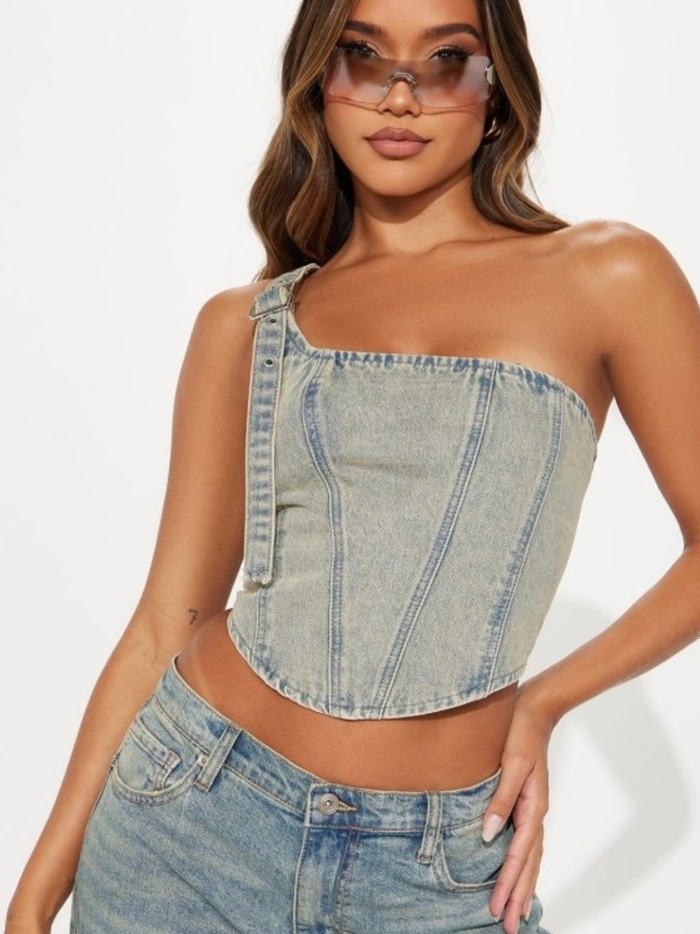 Fashion Nova Vintage Wash Denim Corset Top - Light Blue